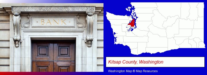 a bank building; Kitsap County, Washington highlighted in red on a map