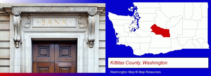 a bank building; Kittitas County, Washington highlighted in red on a map
