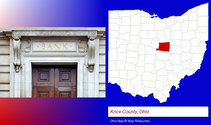 a bank building; Knox County, Ohio highlighted in red on a map