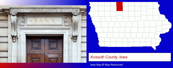 a bank building; Kossuth County, Iowa highlighted in red on a map