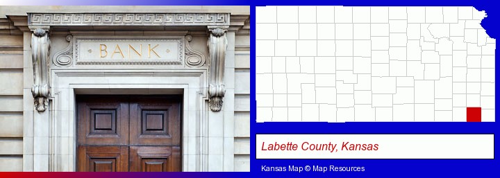 a bank building; Labette County, Kansas highlighted in red on a map