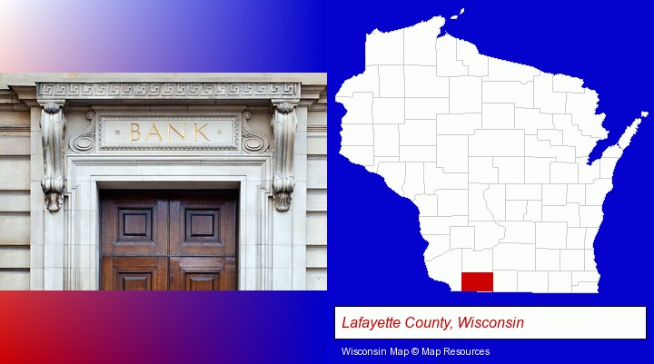a bank building; Lafayette County, Wisconsin highlighted in red on a map