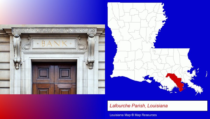 a bank building; Lafourche Parish, Louisiana highlighted in red on a map
