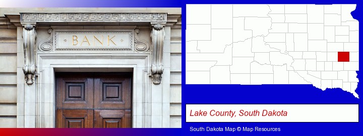 a bank building; Lake County, South Dakota highlighted in red on a map
