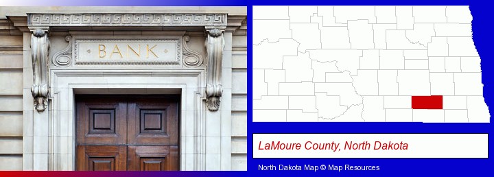 a bank building; LaMoure County, North Dakota highlighted in red on a map
