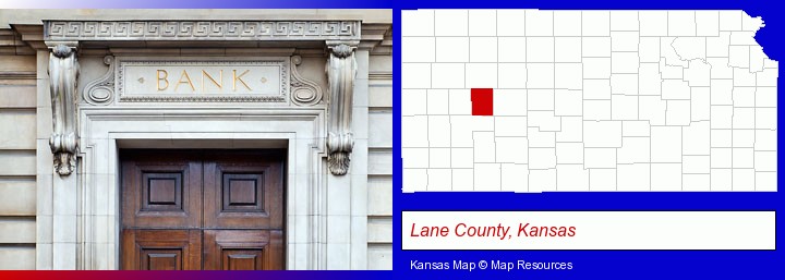 a bank building; Lane County, Kansas highlighted in red on a map