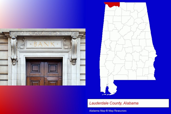 a bank building; Lauderdale County, Alabama highlighted in red on a map