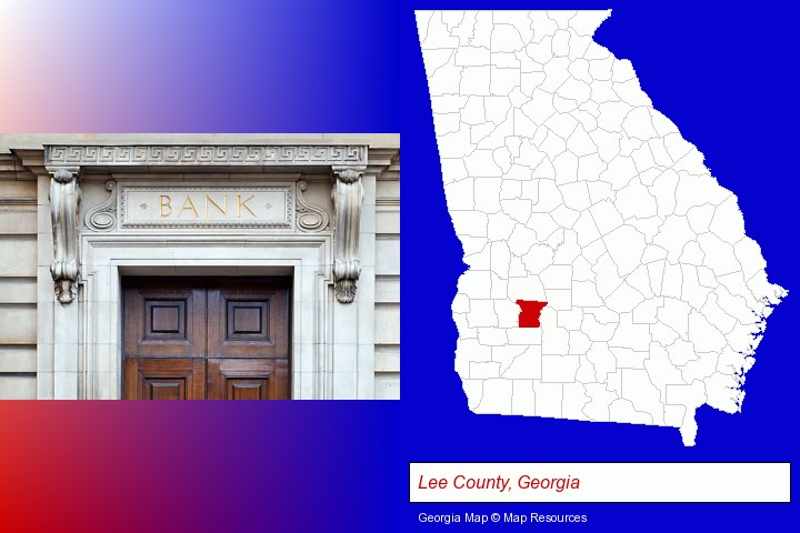 a bank building; Lee County, Georgia highlighted in red on a map