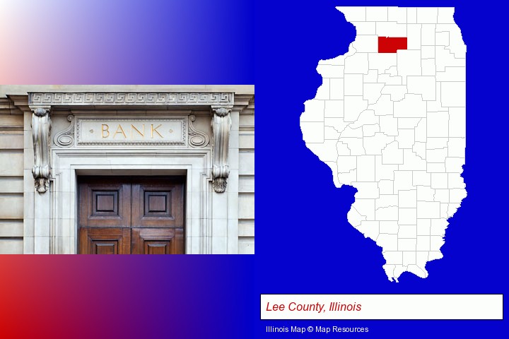 a bank building; Lee County, Illinois highlighted in red on a map