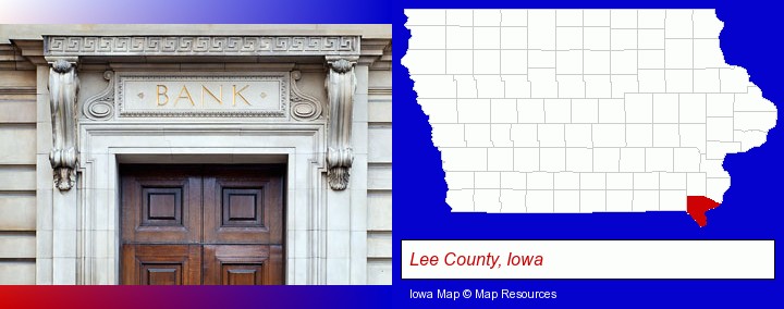 a bank building; Lee County, Iowa highlighted in red on a map