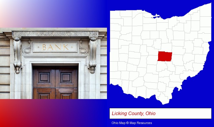 a bank building; Licking County, Ohio highlighted in red on a map