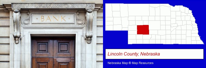 a bank building; Lincoln County, Nebraska highlighted in red on a map