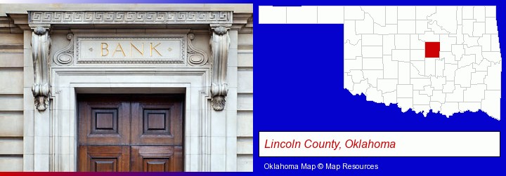 a bank building; Lincoln County, Oklahoma highlighted in red on a map