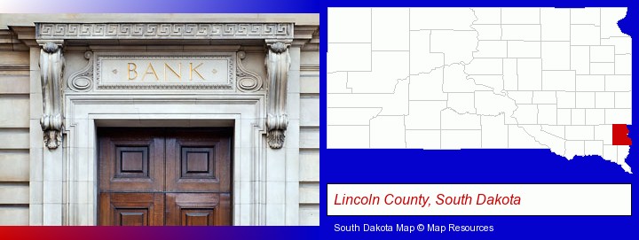 a bank building; Lincoln County, South Dakota highlighted in red on a map