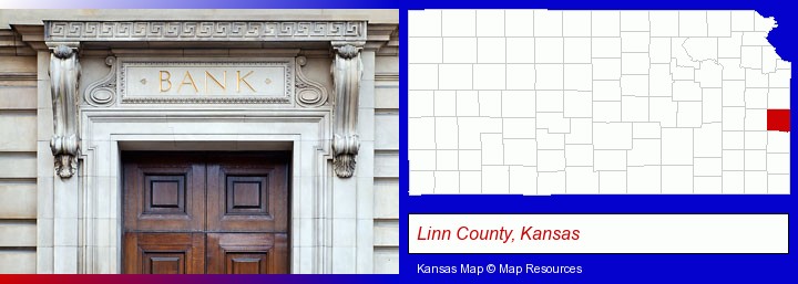 a bank building; Linn County, Kansas highlighted in red on a map