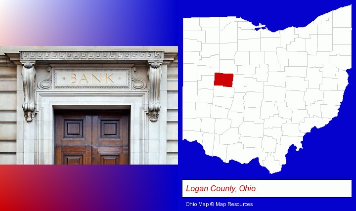 a bank building; Logan County, Ohio highlighted in red on a map