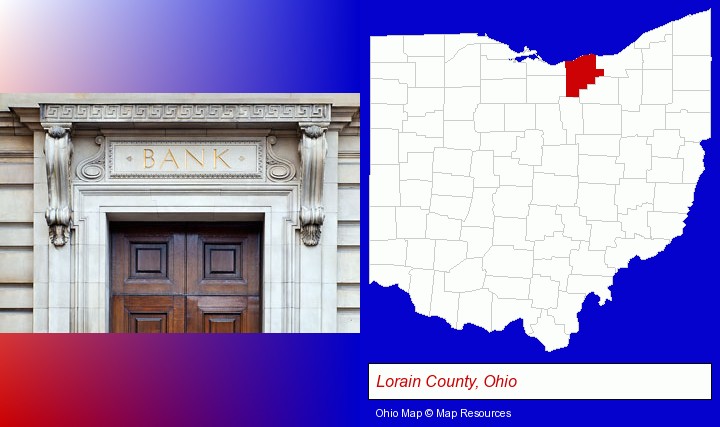 a bank building; Lorain County, Ohio highlighted in red on a map