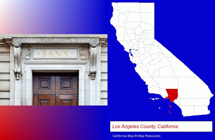 a bank building; Los Angeles County, California highlighted in red on a map