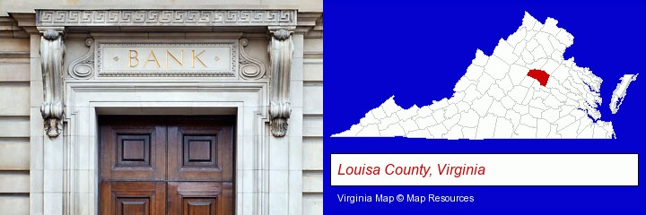 a bank building; Louisa County, Virginia highlighted in red on a map