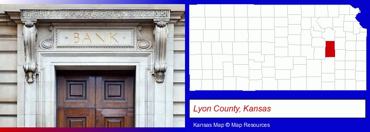 a bank building; Lyon County, Kansas highlighted in red on a map