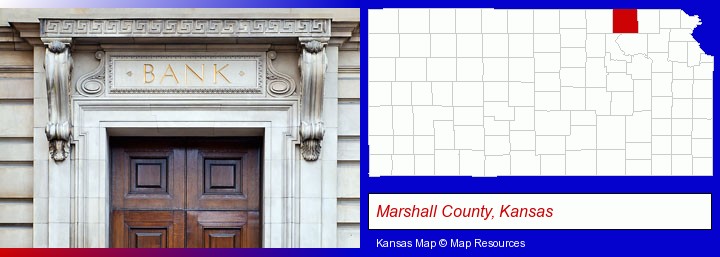 a bank building; Marshall County, Kansas highlighted in red on a map