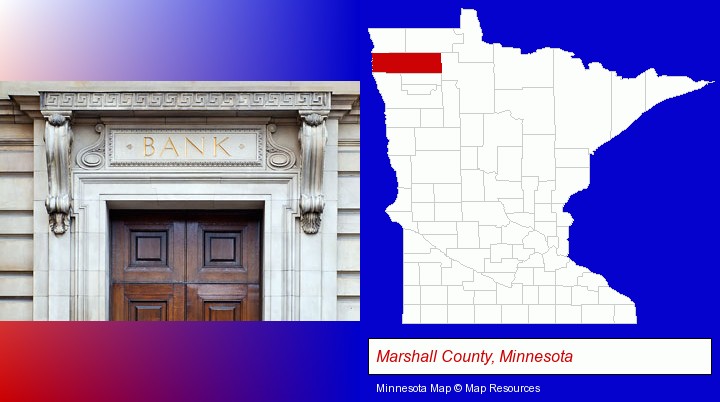 a bank building; Marshall County, Minnesota highlighted in red on a map