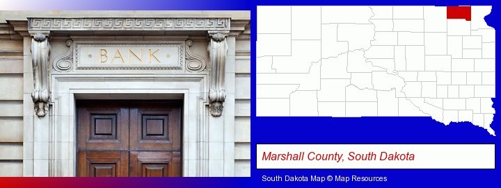a bank building; Marshall County, South Dakota highlighted in red on a map