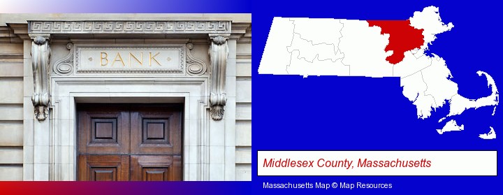 a bank building; Middlesex County, Massachusetts highlighted in red on a map
