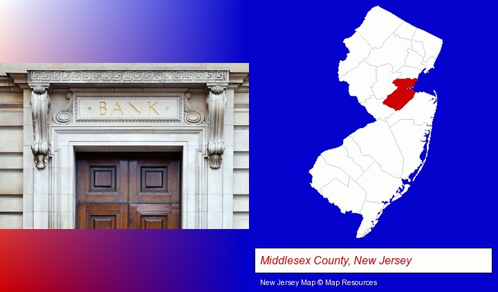 a bank building; Middlesex County, New Jersey highlighted in red on a map