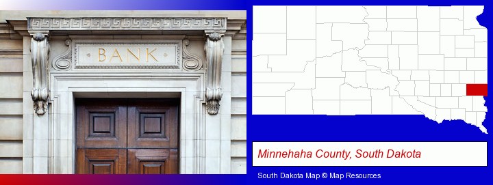 a bank building; Minnehaha County, South Dakota highlighted in red on a map