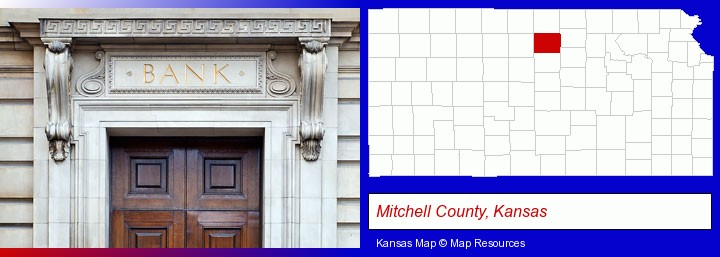 a bank building; Mitchell County, Kansas highlighted in red on a map