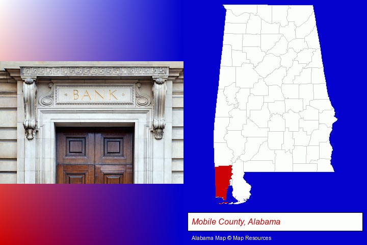 a bank building; Mobile County, Alabama highlighted in red on a map