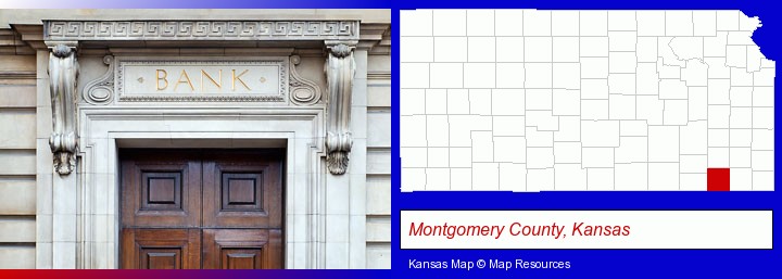 a bank building; Montgomery County, Kansas highlighted in red on a map