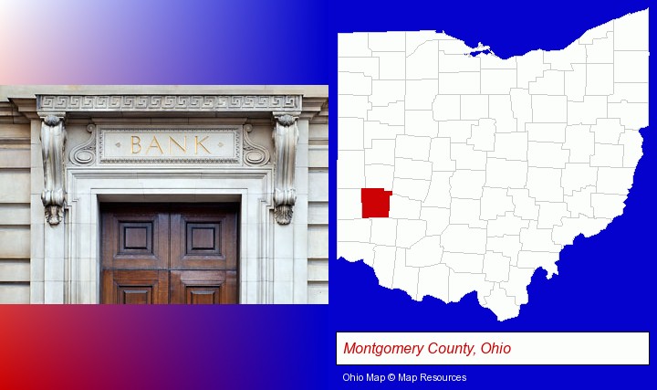 a bank building; Montgomery County, Ohio highlighted in red on a map
