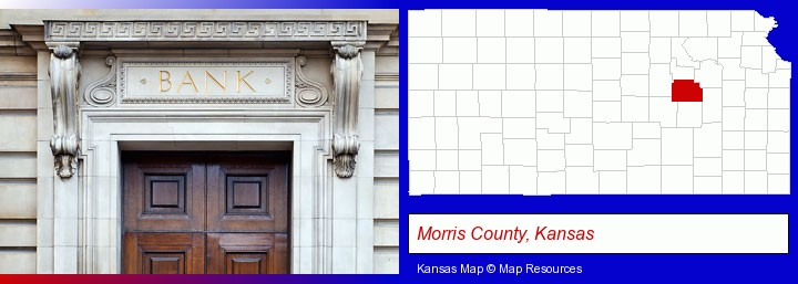 a bank building; Morris County, Kansas highlighted in red on a map