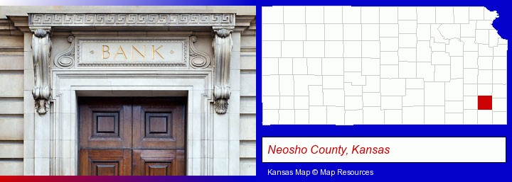 a bank building; Neosho County, Kansas highlighted in red on a map