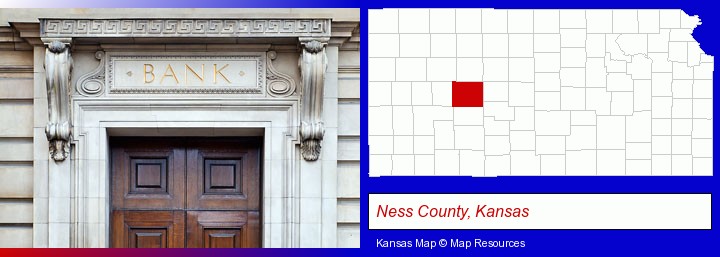 a bank building; Ness County, Kansas highlighted in red on a map