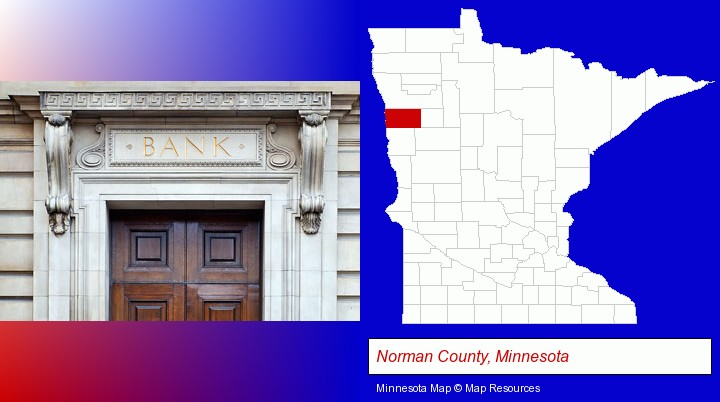 a bank building; Norman County, Minnesota highlighted in red on a map