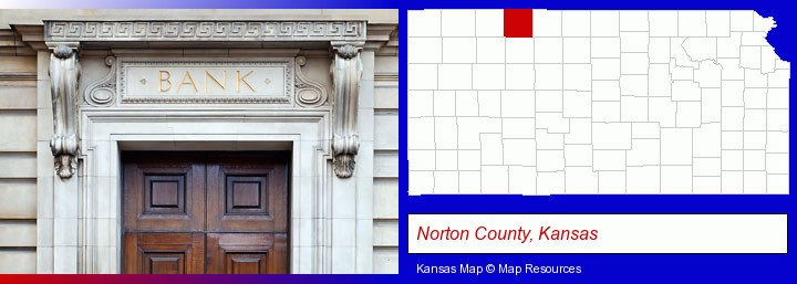 a bank building; Norton County, Kansas highlighted in red on a map
