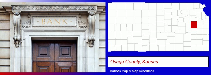 a bank building; Osage County, Kansas highlighted in red on a map