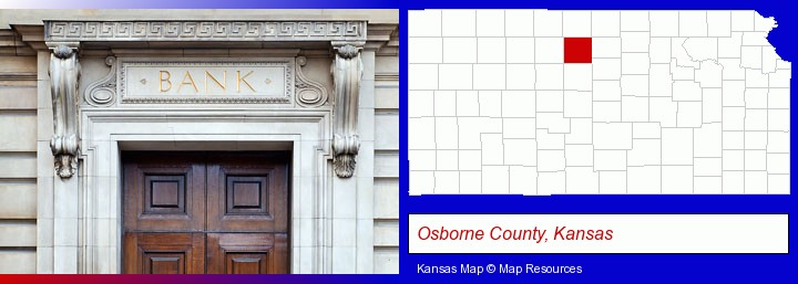 a bank building; Osborne County, Kansas highlighted in red on a map