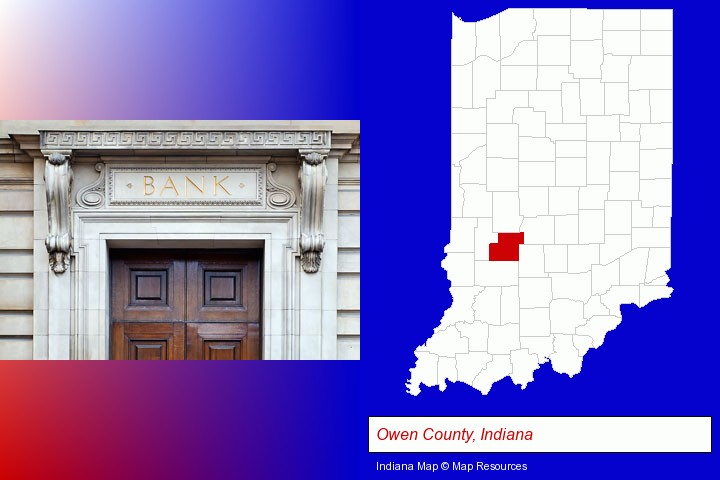 a bank building; Owen County, Indiana highlighted in red on a map