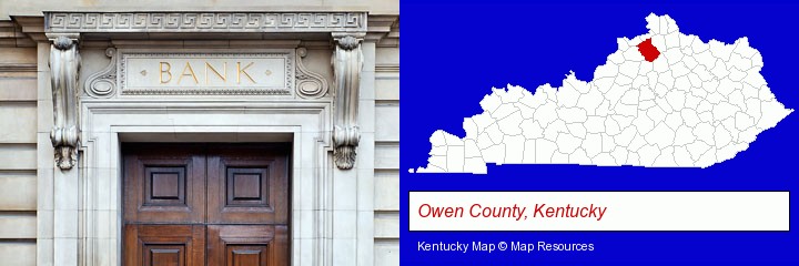 a bank building; Owen County, Kentucky highlighted in red on a map