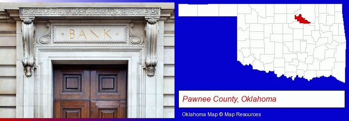 a bank building; Pawnee County, Oklahoma highlighted in red on a map