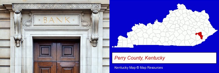 a bank building; Perry County, Kentucky highlighted in red on a map