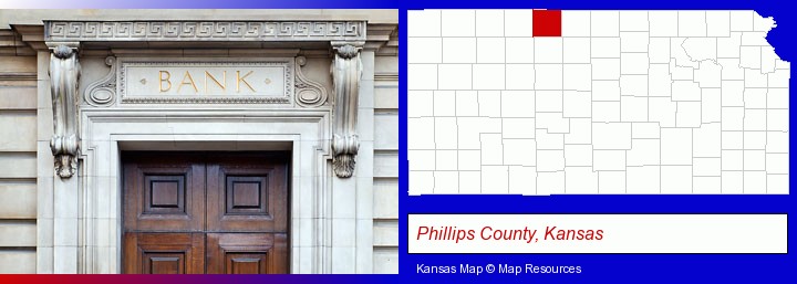a bank building; Phillips County, Kansas highlighted in red on a map