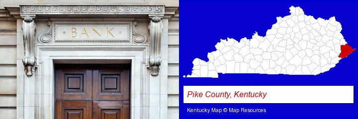 a bank building; Pike County, Kentucky highlighted in red on a map