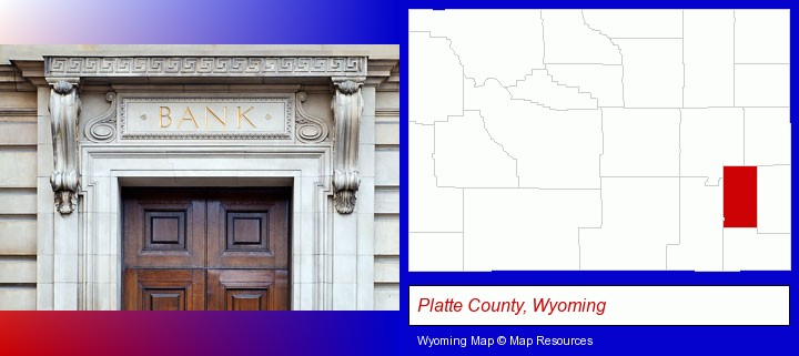 a bank building; Platte County, Wyoming highlighted in red on a map