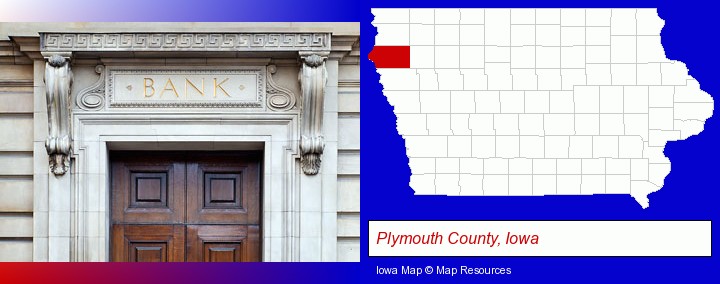 a bank building; Plymouth County, Iowa highlighted in red on a map