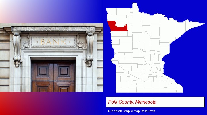 a bank building; Polk County, Minnesota highlighted in red on a map